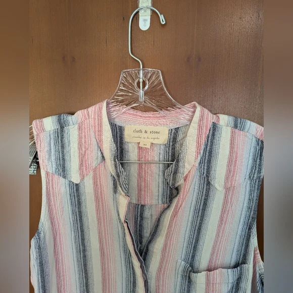 Cloth & Stone Pink White Blue Striped Sleeveless Button Down Fray Hem Dress Sz M - Picture 6 of 11